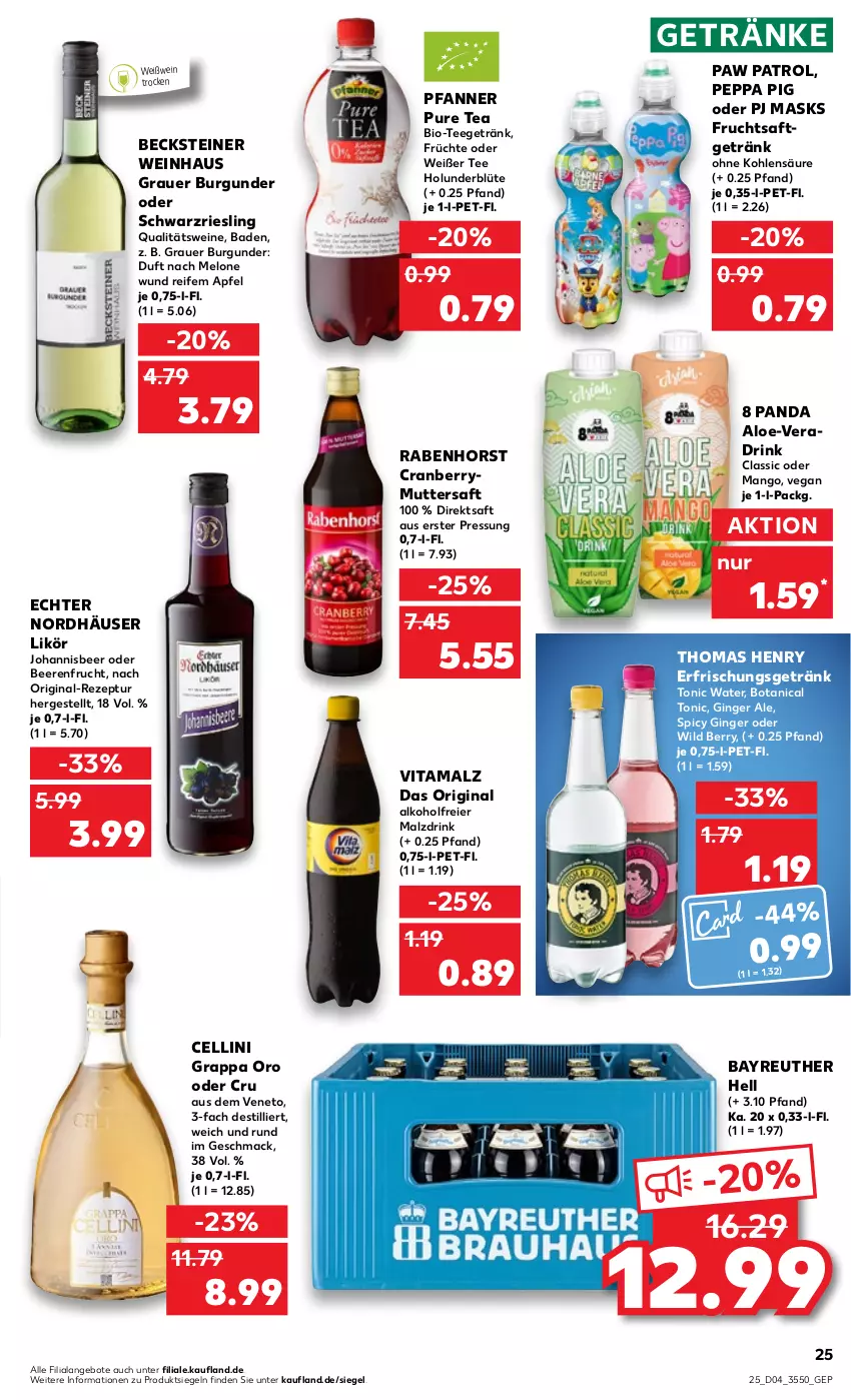 Aktueller Prospekt Kaufland - von 26.01 bis 01.02.2023 - strona 25 - produkty: alkohol, angebot, angebote, apfel, auer, Bad, becks, becksteiner, beere, beeren, bio, Blüte, burgunder, cranberry, direktsaft, drink, eier, erfrischungsgetränk, frucht, früchte, fruchtsaft, getränk, getränke, gin, ginger, ginger ale, grappa, grauer burgunder, holunder, holunderblüte, likör, mac, malz, mango, melone, Paw Patrol, Peppa Pig, pfanne, Pfanner, qualitätswein, qualitätsweine, rezept, riesling, saft, schwarzriesling, steiner, tee, thomas henry, Ti, tonic, tonic water, vita, vitamalz, wein, weine, Weißwein, Wild, wild berry