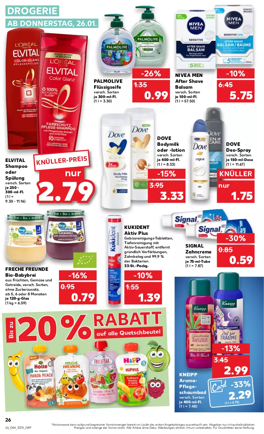 Aktueller Prospekt Kaufland - von 26.01 bis 01.02.2023 - strona 26 - produkty: after shave, angebot, auer, Bad, balsam, beutel, bio, body, Bodymilk, Brei, creme, deo, dove, eis, elvital, flüssigseife, freche freunde, früchte, früchten, kneipp, Kukident, Lotion, nivea, Nivea Men, olive, palmolive, quetschbeutel, Reinigung, schaumbad, Seife, shampoo, shampoo oder spülung, Signal, spülung, tablet, tablett, Tablette, Ti, vita, zahncreme, ZTE, zucker