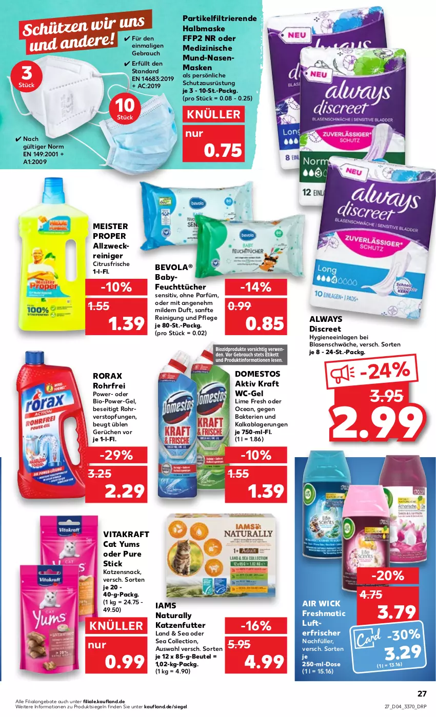 Aktueller Prospekt Kaufland - von 26.01 bis 01.02.2023 - strona 27 - produkty: Air Wick, allzweckreiniger, Alwa, Always, angebot, angebote, beutel, bio, citrus, Discreet, domestos, eis, feuchttücher, FFP2, katzenfutter, katzensnack, kraft, lufterfrischer, Maske, Meister, meister proper, natur, natura, power-gel, Rauch, reiniger, Reinigung, rorax, snack, Ti, topf, tücher, vita, vitakraft, wc-gel, weck, WICK