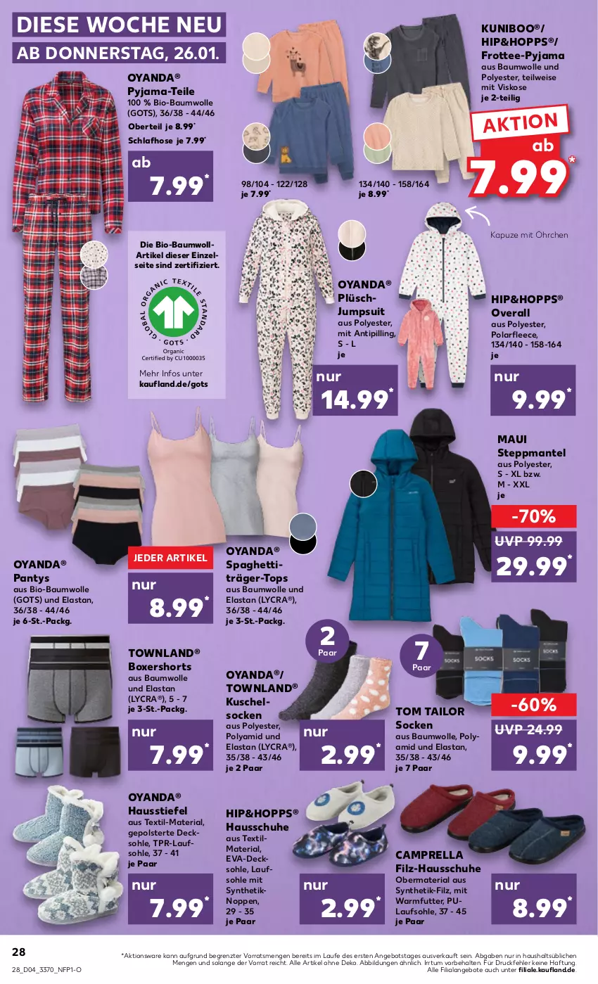 Aktueller Prospekt Kaufland - von 26.01 bis 01.02.2023 - strona 28 - produkty: angebot, angebote, Bau, baumwolle, bio, bio-baumwolle, decksohle, eis, Hausschuhe, hose, jumpsuit, Kuschelsocken, Mantel, Overall, panty, Plüsch, Plüschjumpsuit, Pyjama, rel, Ria, Schlafhose, schuhe, shorts, socken, spaghetti, Steppmante, tee, Ti, Tipi, tom tailor, wolle, ZTE