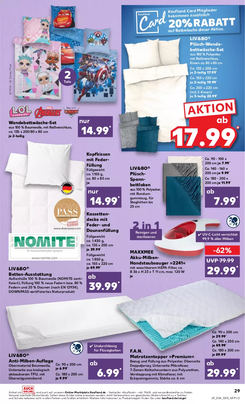 Aktueller Prospekt Kaufland - von 26.01 bis 01.02.2023 - strona 29 - produkty: Abba, akku, Bau, baumwolle, beko, bett, Betten, bettwäsche, bio, decke, disney, eis, erde, handstaubsauger, Kassettendecke, kissen, kopfkissen, LG, matratze, matratzen, Matratzentopper, mikrofaser, natur, ndk, Plüsch, Rauch, Ria, schuhe, spannbettlaken, staubsauger, Ti, topper, versandkostenfrei, wendebettwäsche, wolle