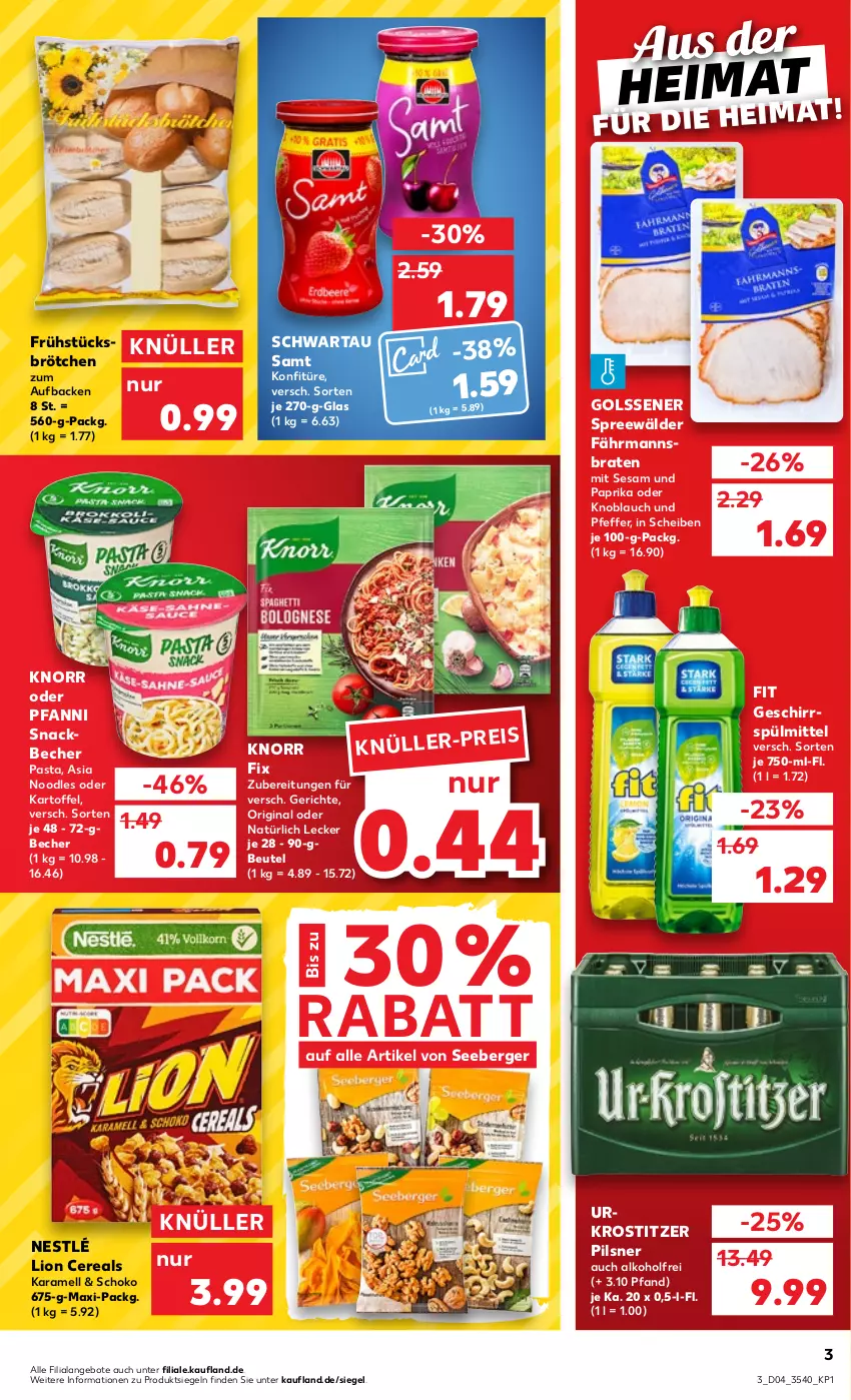 Aktueller Prospekt Kaufland - von 26.01 bis 01.02.2023 - strona 3 - produkty: alkohol, angebot, angebote, Becher, Berger, beutel, braten, brötchen, cereals, eis, geschirr, geschirrspülmittel, gin, karamell, kartoffel, knoblauch, knorr, knorr fix, konfitüre, lion, nestlé, paprika, pasta, pfanni, pfeffer, pils, pilsner, schoko, Schwartau, seeberger, sesam, snack, spreewälder, spülmittel, Ti