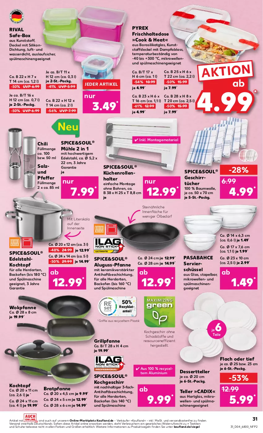 Aktueller Prospekt Kaufland - von 26.01 bis 01.02.2023 - strona 31 - produkty: Aluguss-Pfanne, asti, backofen, Bau, baumwolle, bratpfanne, chili, decke, Deckel, dessert, Dessertteller, edelstahl, eis, elle, erde, geschirr, geschirrtücher, grill, Grillpfanne, herdarten, Kochtopf, küche, Küchen, küchenrolle, küchenrollen, mikrowelle, ndk, Ofen, pfanne, pfeffer, pyrex, Rauch, Ria, salz, schuhe, schüssel, spülmaschinen, teller, Ti, topf, tücher, versandkostenfrei, wasser, wok, wolle