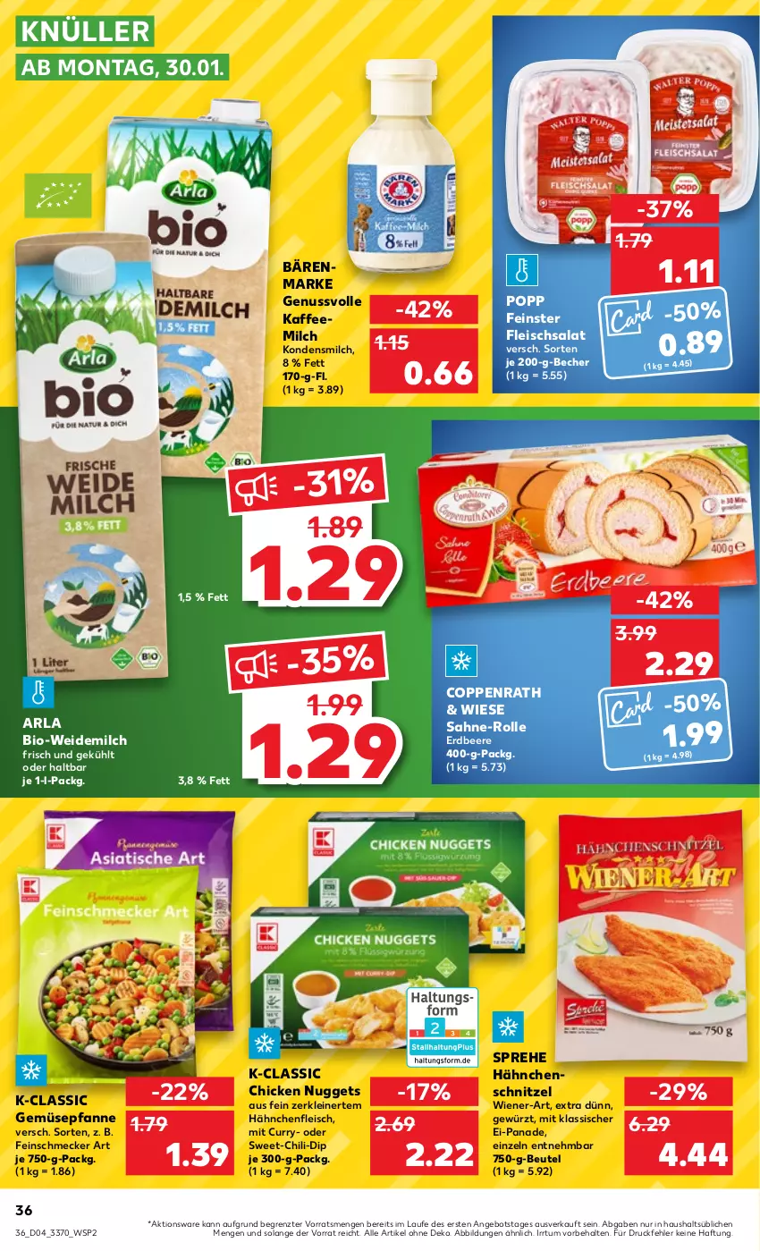 Aktueller Prospekt Kaufland - von 26.01 bis 01.02.2023 - strona 36 - produkty: angebot, arla, bärenmarke, Becher, beere, beutel, bio, chicken nuggets, chili, coppenrath, curry, dip, eis, erdbeere, feinschmecker, fleisch, fleischsalat, gewürz, Hähnchenfleisch, Hähnchenschnitzel, kaffee, Kaffeemilch, kondensmilch, leine, milch, nuggets, nuss, pfanne, Popp, sahne, salat, schnitzel, Ti, weidemilch, wiener, ZTE