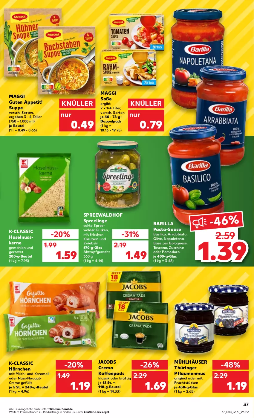 Aktueller Prospekt Kaufland - von 26.01 bis 01.02.2023 - strona 37 - produkty: angebot, angebote, arrabbiata, barilla, basilico, beutel, bolognese, creme, elle, frucht, gin, gurke, gurken, haselnuss, hörnchen, jacobs, Jacobs Crema, kaffee, kaffeepads, karamell, kräuter, kräutern, maggi, milch, mit frucht, mühlhäuser, Nougatcreme, nuss, olive, pasta, pasta-sauce, pflaume, pflaumen, pflaumenmus, ring, sauce, Soße, spreewälder, spreewaldhof, suppe, teller, Ti, zwiebel, zwiebeln