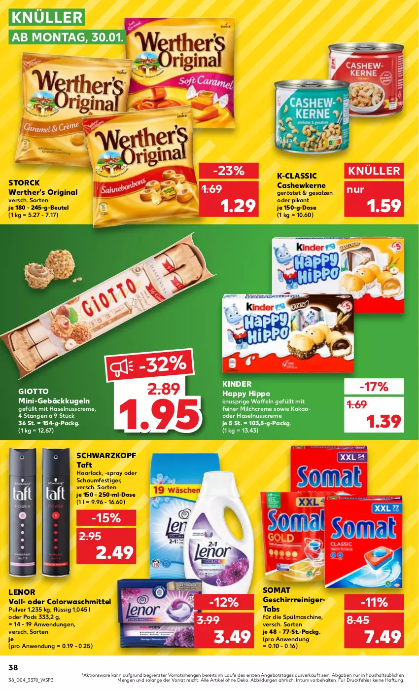 Aktueller Prospekt Kaufland - von 26.01 bis 01.02.2023 - strona 38 - produkty: angebot, arla, beutel, Cashew, cashewkerne, colorwaschmittel, creme, geschirr, gin, giotto, Haarlack, haselnuss, Haselnusscreme, hipp, kakao, Kinder, Kugel, lack, lenor, milch, nuss, oder schaumfestiger, Pods, reiniger, salz, schaumfestiger, schwarzkop, schwarzkopf, somat, storck, Taft, Ti, waffeln, waschmittel, werther's, ZTE