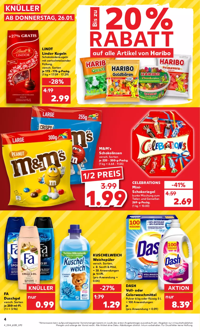 Aktueller Prospekt Kaufland - von 26.01 bis 01.02.2023 - strona 4 - produkty: angebot, colorwaschmittel, duschgel, eis, fa duschgel, haribo, Kugel, lindor, lindt, linsen, reis, riegel, schoko, schokolade, schokoladen, Schokolinsen, schokoriegel, Ti, waschmittel, weichspüler, ZTE