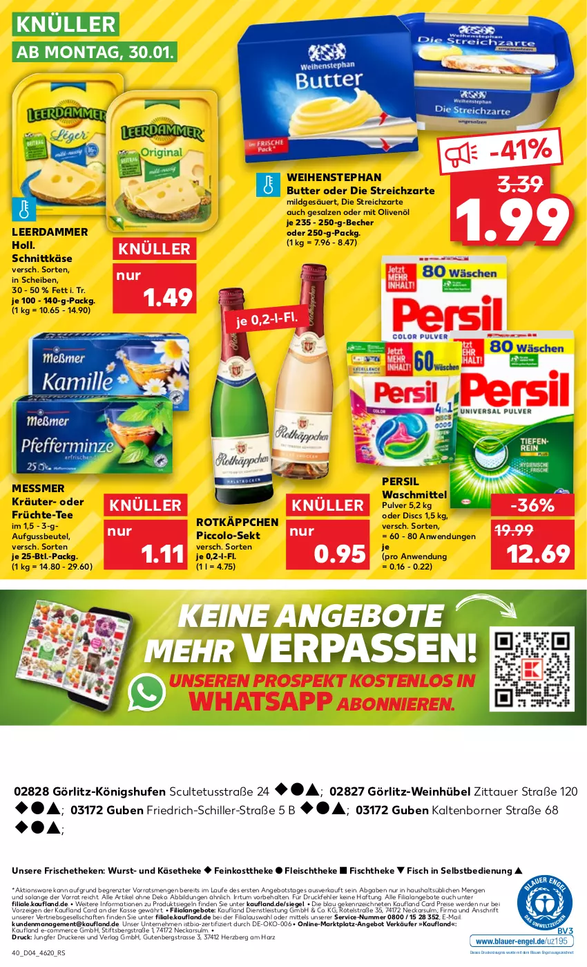 Aktueller Prospekt Kaufland - von 26.01 bis 01.02.2023 - strona 40 - produkty: angebot, angebote, auer, Becher, beutel, bio, butter, drucker, eis, Engel, erde, feinkost, feinkosttheke, fisch, fischtheke, fleisch, früchte, Käse, käsetheke, kerze, kräuter, leerdammer, olive, oliven, olivenöl, persil, persil waschmittel, reis, rotkäppchen, salz, schnittkäse, sekt, Streichzart, tee, Ti, waschmittel, weihenstephan, wein, wurst, ZTE