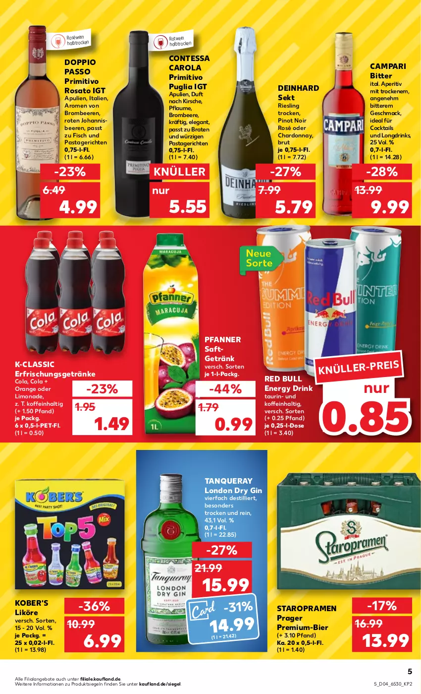 Aktueller Prospekt Kaufland - von 26.01 bis 01.02.2023 - strona 5 - produkty: angebot, angebote, beere, beeren, bier, braten, brombeere, brombeeren, brut, campari, chardonnay, cocktail, cocktails, cola, doppio passo, drink, drinks, dry gin, eis, energy drink, erfrischungsgetränk, erfrischungsgetränke, fisch, getränk, getränke, gin, johannisbeere, Johannisbeeren, kirsch, kirsche, likör, limo, limonade, london dry, london dry gin, mac, orange, passo, pasta, Pastagericht, pfanne, Pfanner, pflaume, Pinot, pinot noir, primitivo, red bull, riesling, rosato, roséwein, rotwein, saft, sekt, Staropramen, Tanqueray, Ti, wein