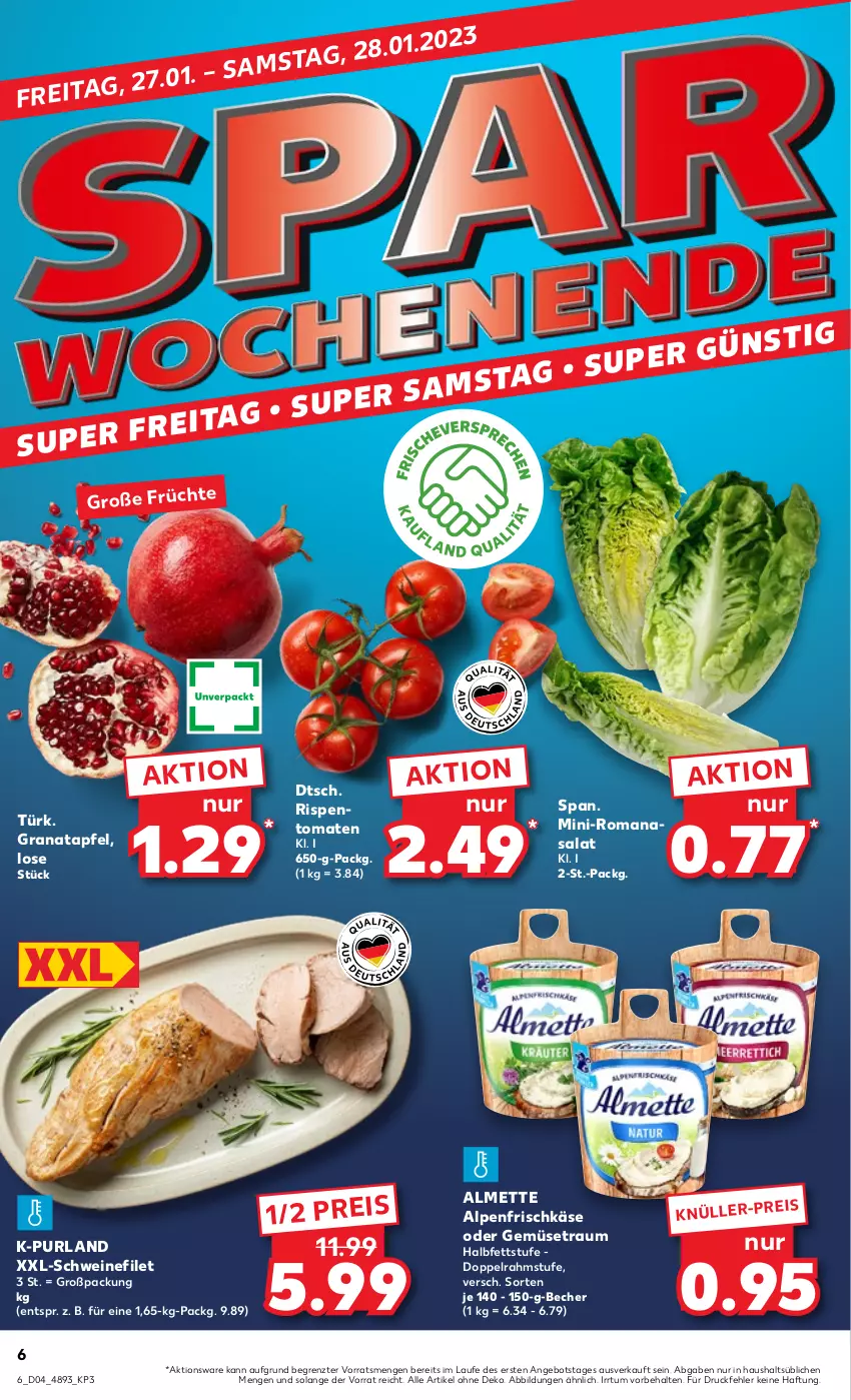 Aktueller Prospekt Kaufland - von 26.01 bis 01.02.2023 - strona 6 - produkty: almette, alpenfrischkäse, angebot, apfel, Becher, doppelrahmstufe, eis, filet, frischkäse, früchte, grana, granatapfel, Käse, Mett, purland, Rana, reis, rispentomaten, Romanasalat, salat, schwein, schweine, schweinefilet, Ti, tomate, tomaten, wein, weine, ZTE