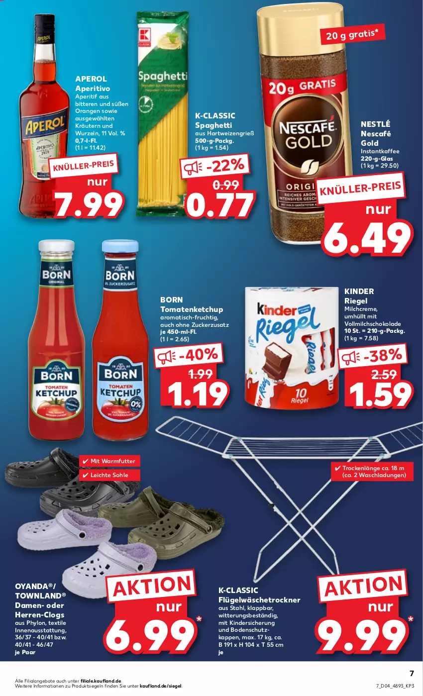 Aktueller Prospekt Kaufland - von 26.01 bis 01.02.2023 - strona 7 - produkty: angebot, angebote, aperitif, aperol, Clogs, creme, eis, frucht, hartweizen, Hylo, instantkaffee, kaffee, ketchup, Kinder, kinder riegel, kräuter, kräutern, milch, Nescafé, nescafé gold, nestlé, orange, orangen, riegel, schoko, schokolade, spaghetti, Ti, tisch, tomate, tomaten, tomatenketchup, Trockner, vollmilch, wäschetrockner, zucker