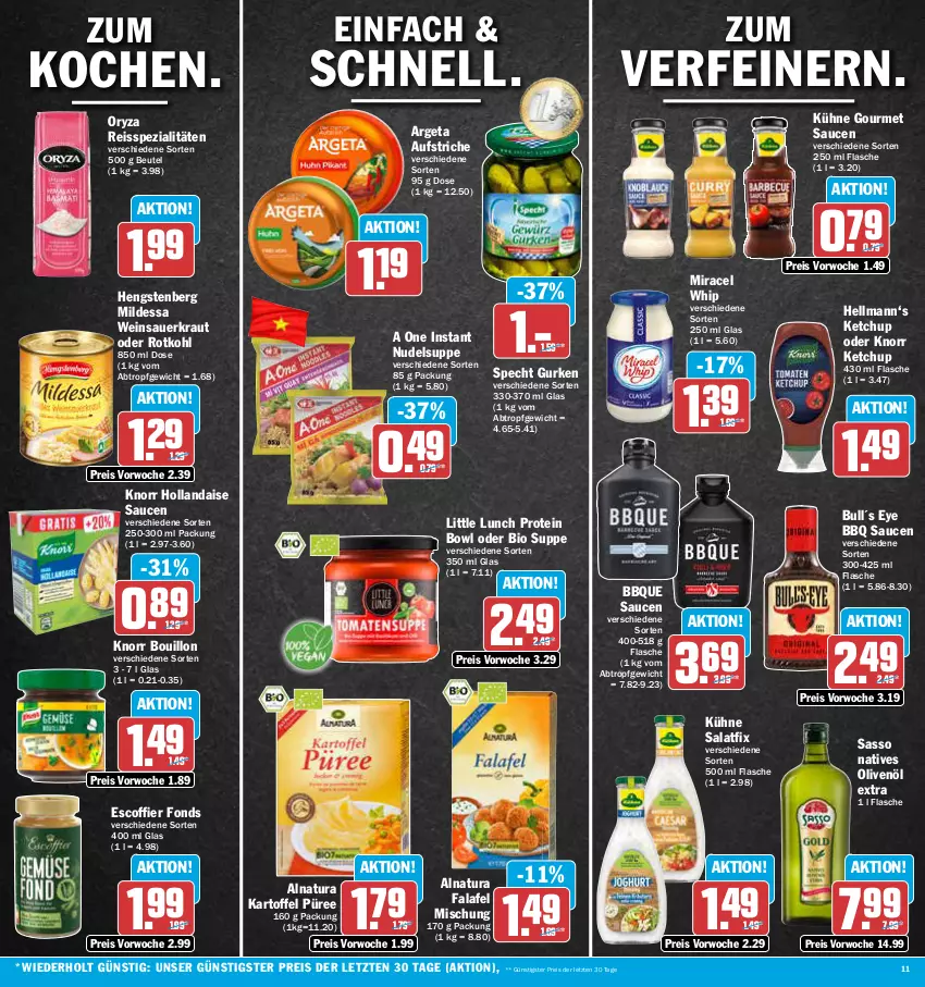 Aktueller Prospekt Aez - Prospekte - von 27.03 bis 01.04.2023 - strona 11 - produkty: auer, aufstrich, beutel, bio, eis, Falafel, flasche, gurke, gurken, hengstenberg, hollandaise, kartoffel, ketchup, knorr, Kraut, Kühne, miracel, miracel whip, natives olivenöl, natur, natura, nudel, olive, oliven, olivenöl, olivenöl extra, oryza, püree, reis, reiss, rotkohl, salat, sauce, saucen, Sauerkraut, specht, Spezi, suppe, Ti, wein, Weinsauerkraut, ZTE