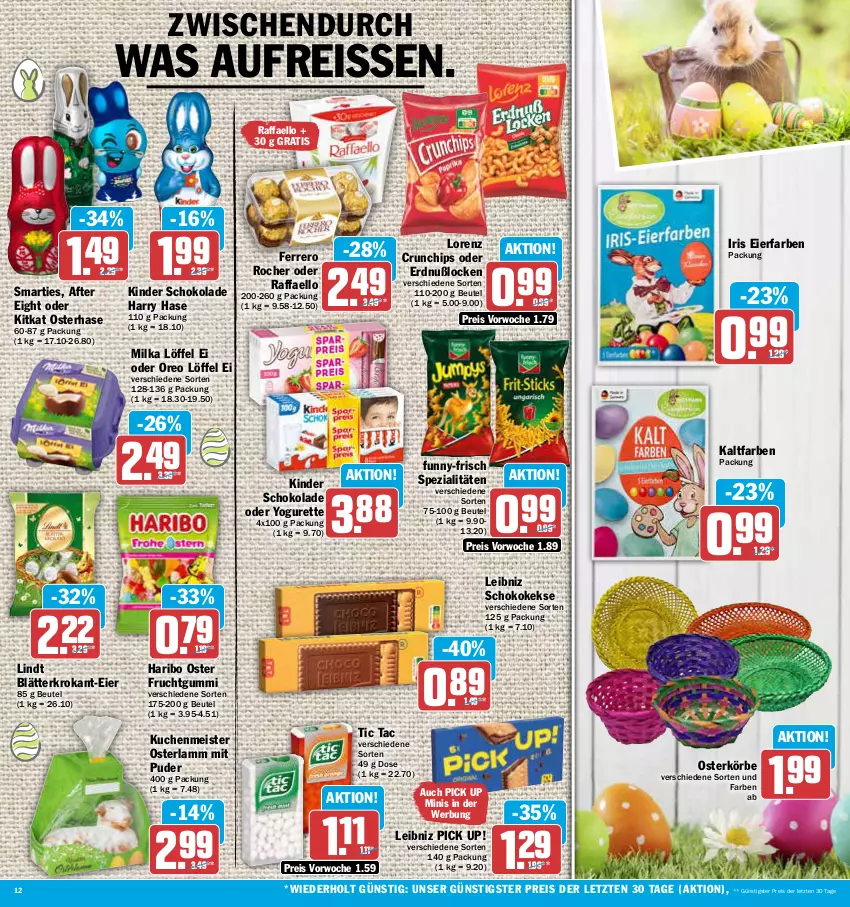 Aktueller Prospekt Aez - Prospekte - von 27.03 bis 01.04.2023 - strona 12 - produkty: after eight, beutel, chips, crunchips, eier, eis, ferrero, Ferrero Rocher, frucht, fruchtgummi, funny-frisch, haribo, keks, kekse, Kinder, kinder schokolade, kitkat, kuchen, kuchenmeister, lamm, leibniz, lindt, Löffel, lorenz, lorenz crunchips, Meister, milka, oder yogurette, oreo, Pick Up!, raffaello, reis, reiss, schoko, schokolade, smarties, Spezi, Ti, Yo, yogurette, ZTE