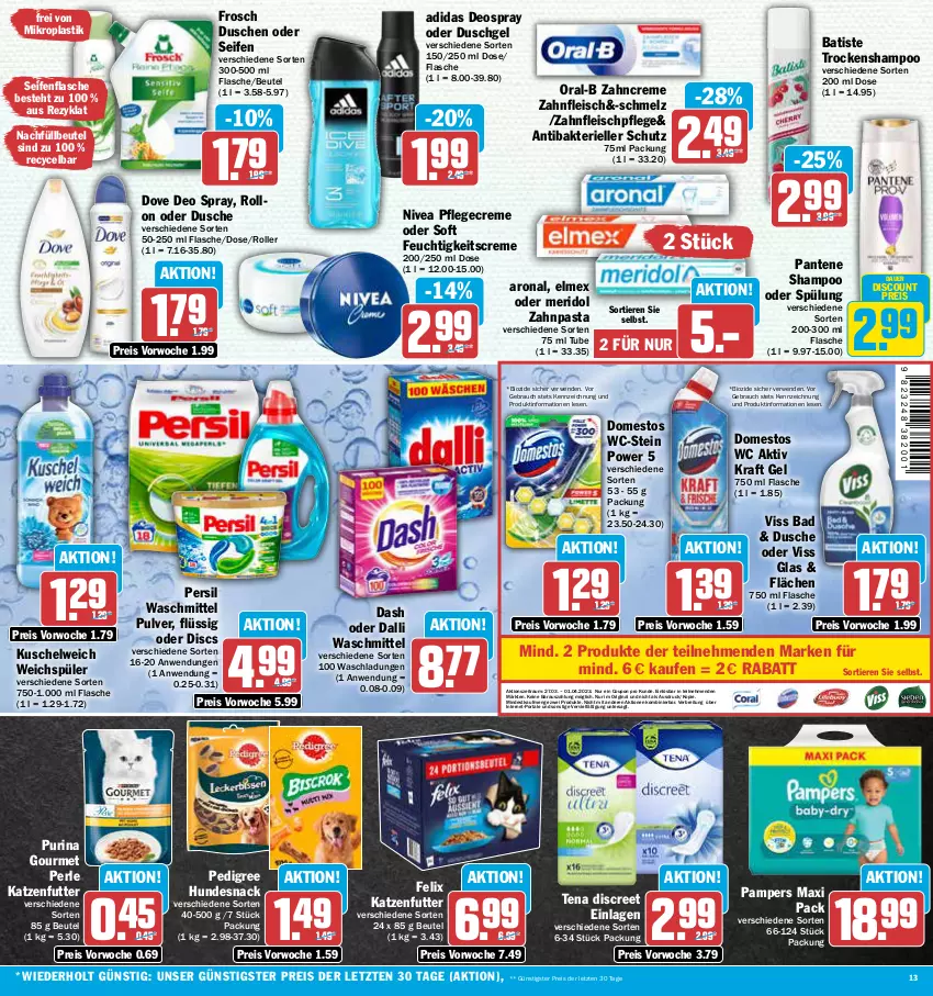 Aktueller Prospekt Aez - Prospekte - von 27.03 bis 01.04.2023 - strona 13 - produkty: Adidas, asti, auer, Bad, beutel, bio, Brei, coupon, creme, dalli, deo, deo spray, deospray, discount, Discreet, domestos, dove, dusche, duschgel, eis, elle, elmex, felix, feuchtigkeitscreme, flasche, fleisch, Frosch, gin, HP, hundesnack, katzenfutter, kraft, Kuschelweich, meridol, nivea, oral-b, pampers, pantene, pasta, pedigree, persil, persil waschmittel, Pflegecreme, purina, Rauch, reis, Roller, rwe, Seife, shampoo, snack, spülung, Ti, Tiere, Trockenshampoo, waschmittel, weichspüler, zahncreme, zahnpasta, ZTE