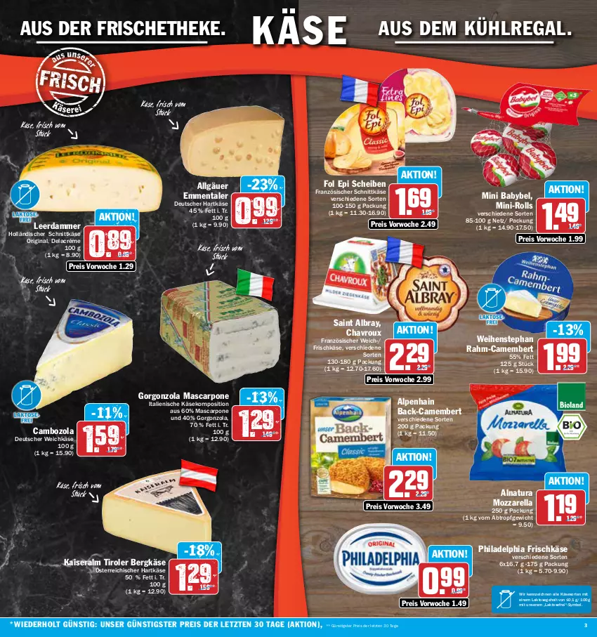 Aktueller Prospekt Aez - Prospekte - von 27.03 bis 01.04.2023 - strona 2 - produkty: albray, Alpenhain, aus dem kühlregal, babybel, Bergkäse, cambozola, camembert, chavroux, deutscher weichkäse, eis, emmentaler, fol epi, frischkäse, gin, gorgonzola, hartkäse, holländischer schnittkäse, Kaiser, Käse, kühlregal, leerdammer, LG, mascarpone, mini babybel, mozzarella, natur, natura, philadelphia, regal, reis, rel, saint albray, schnittkäse, Ti, weichkäse, weihenstephan, ZTE