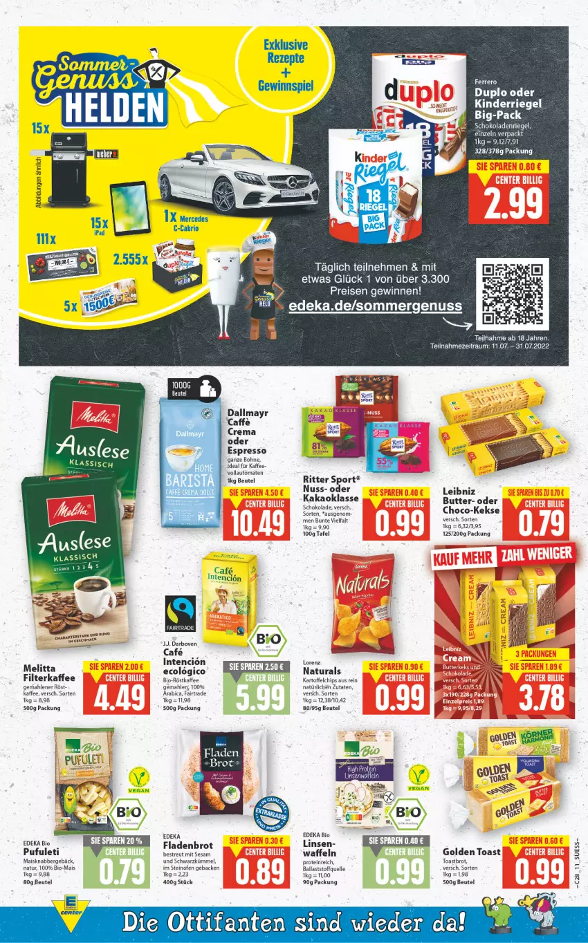 Aktueller Prospekt E Center - Angebote der Woche - von 11.07 bis 16.07.2022 - strona 10 - produkty: auto, ball, beutel, bio, bohne, brot, butter, caffe, chips, dallmayr, darbo, darboven, deka, duplo, edeka bio, eis, elle, espresso, ferrero, filterkaffee, Fladenbrot, geback, gewinnspiel, golden toast, kaffee, kakao, kartoffel, kartoffelchips, keks, kekse, Kinder, leibniz, linsen, lorenz, mac, mais, melitta, natur, natura, nuss, oder espresso, Ofen, reis, rezept, rezepte, riegel, ritter, ritter sport, röstkaffee, schoko, schokolade, schokoladen, sesam, Sport, steinofen, tee, Ti, toast, Toastbrot, tomate, tomaten, vollautomaten, waffeln