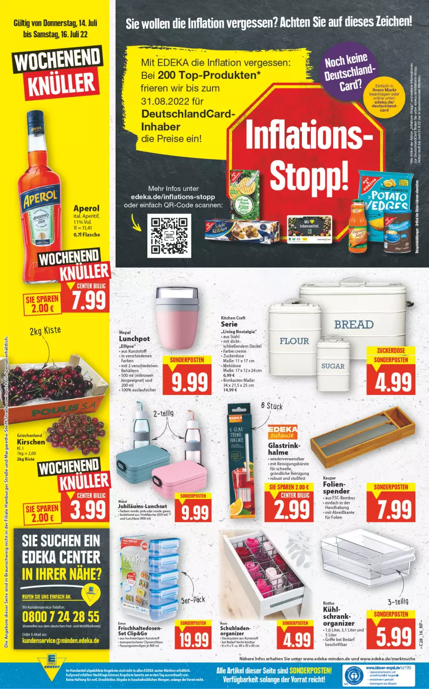 Aktueller Prospekt E Center - Angebote der Woche - von 11.07 bis 16.07.2022 - strona 16 - produkty: aeg, angebot, angebote, aperitif, aperol, auer, bambus, Behälter, bett, Betten, braun, Brei, brot, Brotkasten, burger, bürste, creme, decke, Deckel, deka, deutschlandcard, eis, elle, emsa, Engel, ente, flasche, frischhaltedosen, hamburger, HP, Jubiläums, kesper, kirsch, kirsche, kirschen, LG, lunchbox, mehl, papier, Reinigung, reinigungsbürste, reis, rwe, Schrank, schubladen, sonderposten, Sport, tee, Ti, trinkflasche, wolle, zucker