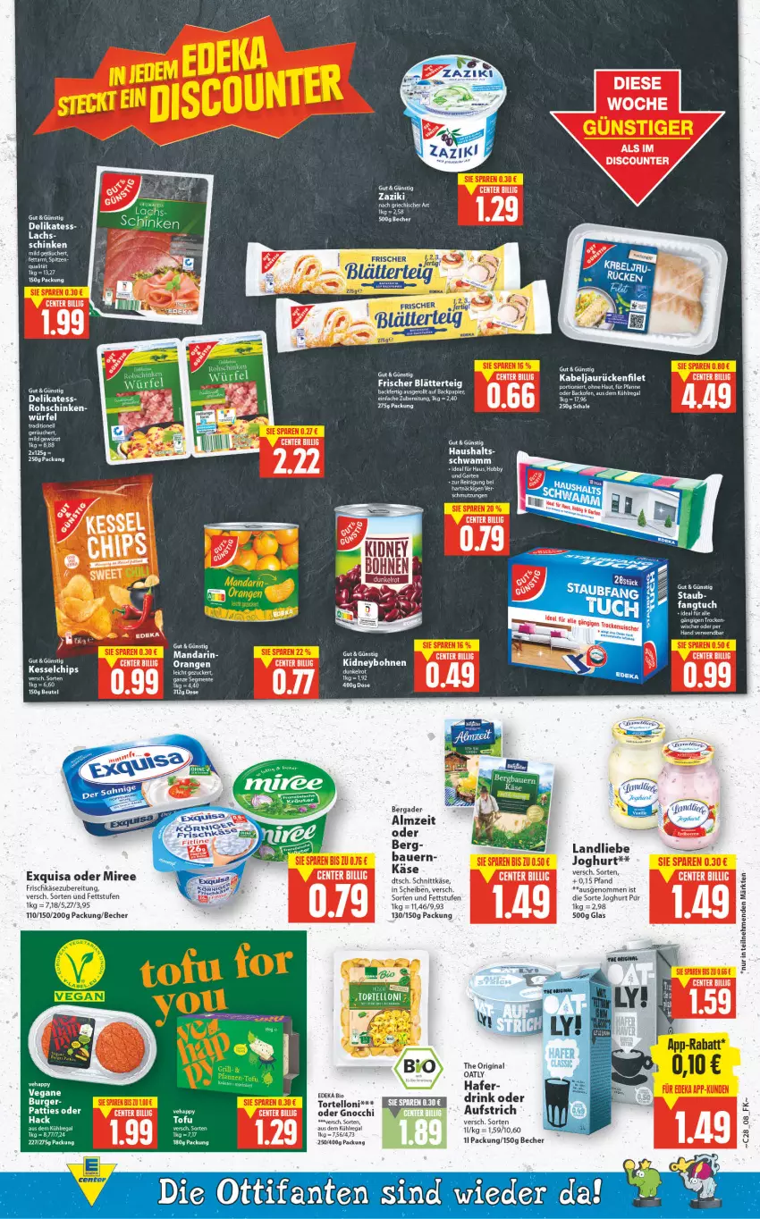 Aktueller Prospekt E Center - Angebote der Woche - von 11.07 bis 16.07.2022 - strona 8 - produkty: auer, aufstrich, aus dem kühlregal, backofen, ball, Bau, Bauer, Becher, bergader, bio, bohne, bohnen, chips, deka, discount, drink, edeka bio, ente, exquisa, filet, frischkäse, frischkäsezubereitung, Garten, gin, gnocchi, hafer, Hobby, joghur, joghurt, Käse, kidney, kühlregal, lachs, landliebe, landliebe joghurt, miree, Ofen, pfanne, regal, Reinigung, rohschinken, rwe, Schal, Schale, schinken, schnittkäse, tee, Ti, Tofu, torte, tortelloni, tuc, würfel, zaziki