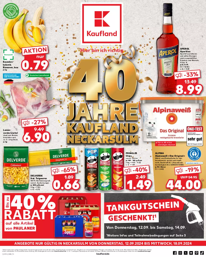 Aktueller Prospekt Kaufland - Extra-Angebote - von 12.09 bis 18.09.2024 - strona 1 - produkty: alpina, Alpinaweiß, angebot, angebote, aperitif, aperol, banane, bananen, beutel, braten, brie, chips, decke, eimer, eis, erde, fleisch, gin, hartweizen, ideal zum braten, kraft, kräuter, kräutern, lamm, Lammfleisch, orange, orangen, Paula, paulaner, pringles, reis, ring, teigwaren, Ti, ZTE