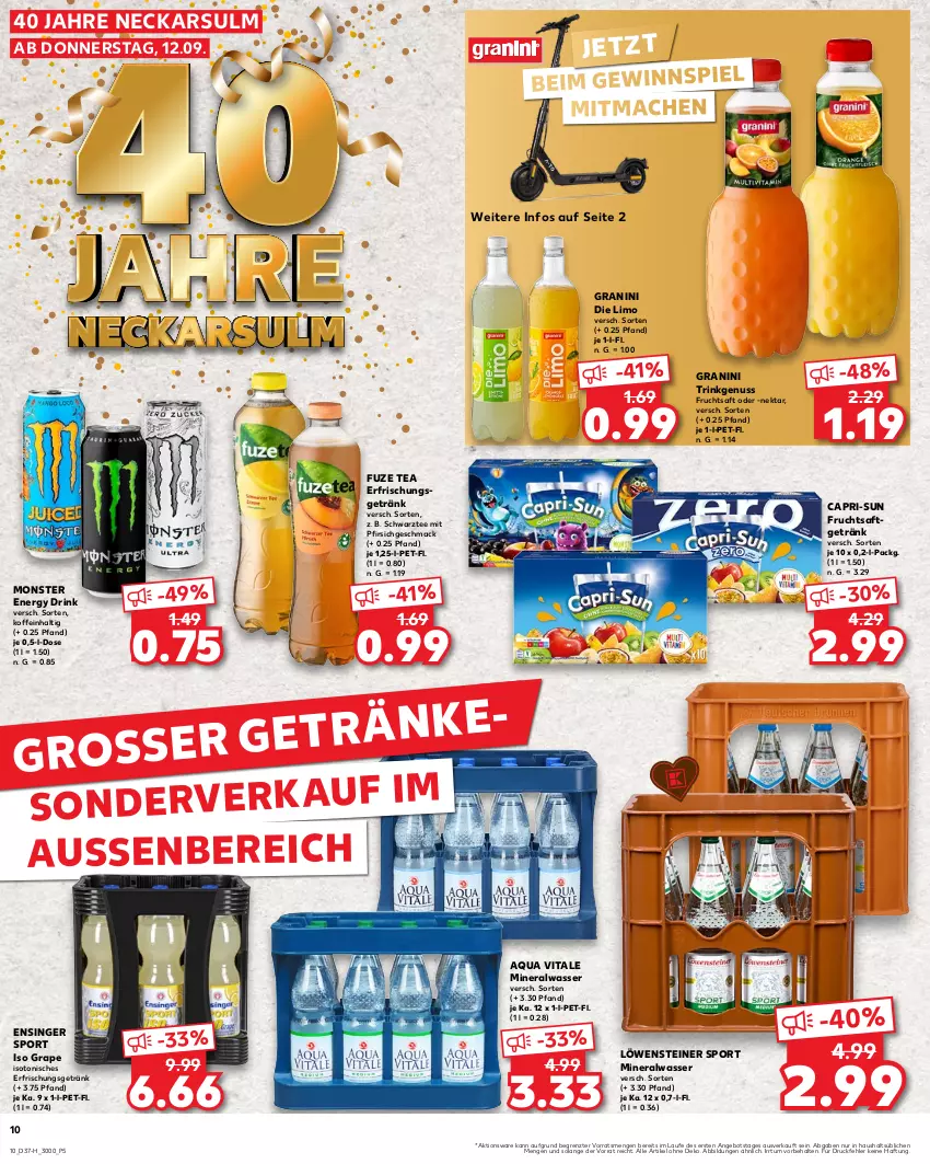 Aktueller Prospekt Kaufland - Extra-Angebote - von 12.09 bis 18.09.2024 - strona 10 - produkty: Alwa, angebot, aqua, Cap, capri-sun, drink, energy drink, erfrischungsgetränk, frucht, fruchtsaft, fruchtsaftgetränk, fuze tea, getränk, gewinnspiel, granini, granini die limo, limo, mac, mineralwasser, monster, Monster Energy, Nektar, nuss, pfirsich, saft, Sport, steiner, tee, Ti, vita, wasser, ZTE