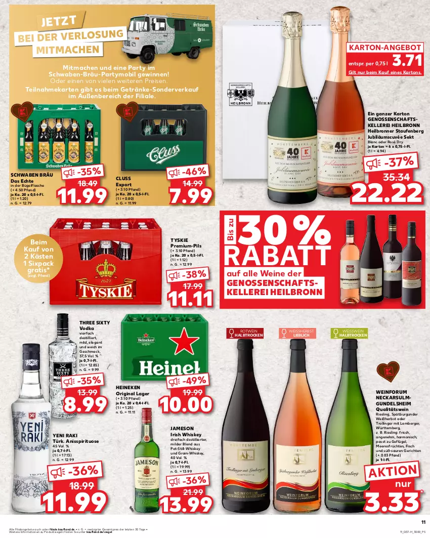 Aktueller Prospekt Kaufland - Extra-Angebote - von 12.09 bis 18.09.2024 - strona 11 - produkty: angebot, angebote, Berger, Bronner, bügel, bügelflasche, burgunder, cuvée, eis, elle, fisch, flasche, früchte, früchten, Geflügel, getränk, getränke, gin, heineken, irish whiskey, jameson, Jubiläums, mac, meeresfrüchte, pils, qualitätswein, reis, riesling, rotwein, rum, sekt, spätburgunder, Three Sixty, Ti, trolli, trollinger, tyskie, vodka, wein, weine, whiskey, yeni raki, ZTE