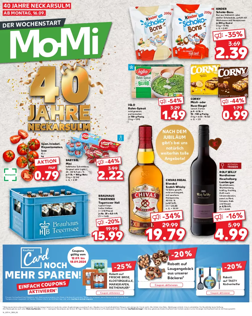 Aktueller Prospekt Kaufland - Extra-Angebote - von 12.09 bis 18.09.2024 - strona 16 - produkty: angebot, angebote, auer, babybel, beere, beeren, Berger, beutel, bier, blended scotch, blended scotch whisky, corny, coupon, coupons, creme, eier, eimer, eis, elle, erde, frucht, gewürz, gin, halbfester schnittkäse, Heu, honig, iglo, johannisbeere, Johannisbeeren, Käse, Kinder, küche, Küchen, Küchenhelfer, Laugeneck, milch, müsli, nuss, qualitätswein, rahm-spinat, regal, reis, riegel, rind, rispentomaten, rotwein, schnittkäse, schoko, schoko-bons, schokolade, schwein, scotch, scotch whisky, spinat, Tegernseer, Ti, tomate, tomaten, vollmilch, wein, whisky, ZTE