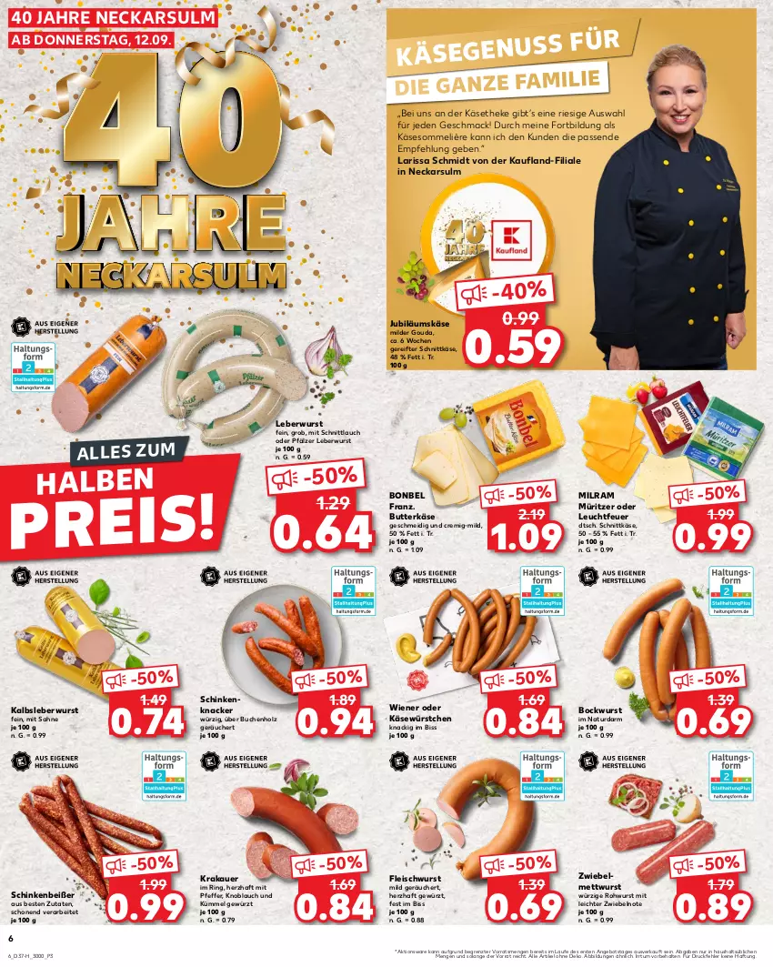 Aktueller Prospekt Kaufland - Extra-Angebote - von 12.09 bis 18.09.2024 - strona 6 - produkty: angebot, auer, bockwurst, bonbel, buch, butter, butterkäse, eis, fleisch, fleischwurst, gewürz, gouda, Holz, Jubiläums, Kalbsleber, Kalbsleberwurst, Käse, käsetheke, knacker, knoblauch, krakauer, leberwurst, mac, Mett, mettwurst, milram, natur, pfeffer, ring, Rohwurst, sahne, schinken, schnittkäse, schnittlauch, Ti, wiener, wurst, würstchen, ZTE, zwiebel, zwiebelmettwurst, zwiebeln