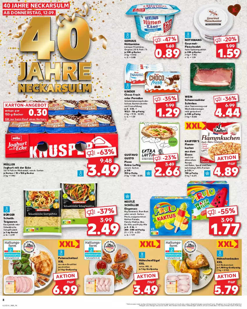 Aktueller Prospekt Kaufland - Extra-Angebote - von 12.09 bis 18.09.2024 - strona 8 - produkty: angebot, Becher, beutel, brustfilet, choco fresh, creme, eier, eierspätzle, eis, elle, filet, flammkuchen, fleisch, fleischsalat, frischkäse, gervais, gin, hähnchenflügel, joghur, joghurt, joghurt mit der ecke, Käse, Kinder, Kinder Choco fresh, Körniger Frischkäse, kuchen, Kuchenschnitte, lamm, milch, Müller, natur, nestlé, nestlé schöller, nudel, nudeln, nuss, pizza, pute, putenschnitzel, reis, rezept, riegel, salat, sandwich, schinken, schnitten, schnitzel, schoko, schokolade, schokoladen, Schöller, schwarzwälder schinken, Speck, spitzenqualität, teigwaren, Ti, wein, ZTE, zwiebel, zwiebeln