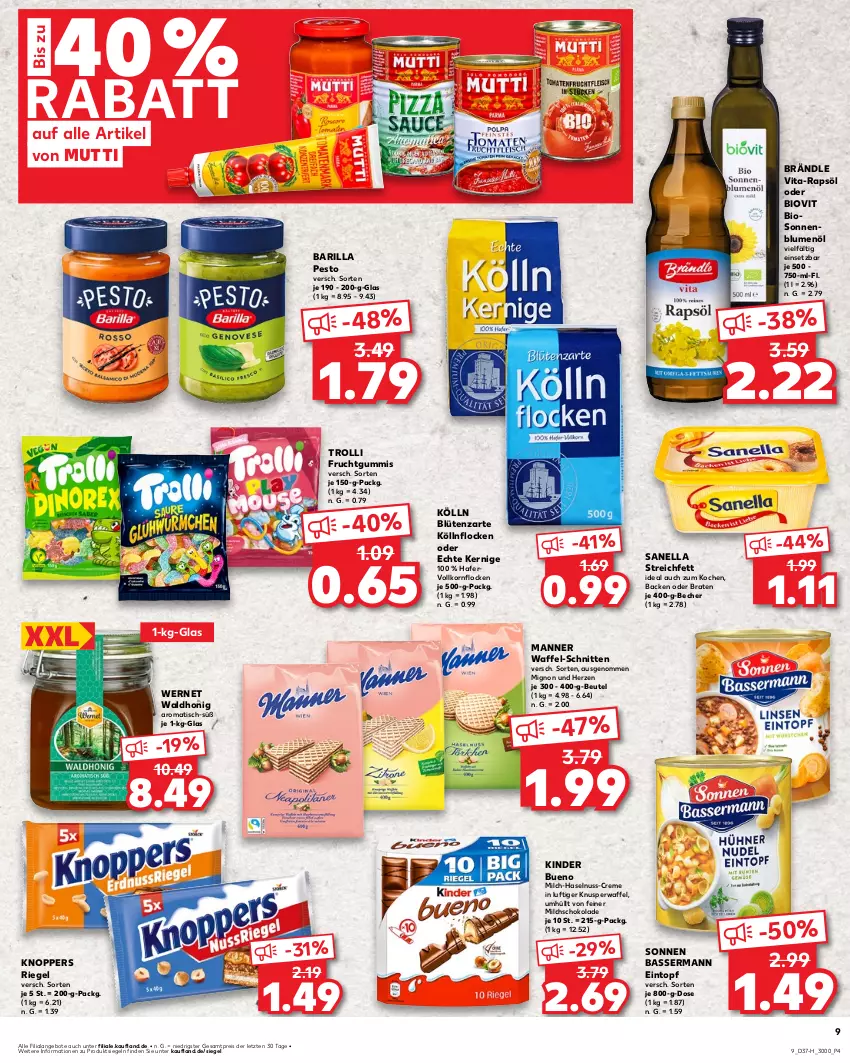 Aktueller Prospekt Kaufland - Extra-Angebote - von 12.09 bis 18.09.2024 - strona 9 - produkty: angebot, angebote, barilla, Becher, beutel, bio, blume, blumen, blumenöl, Blüte, braten, creme, eintopf, eis, frucht, fruchtgummi, fruchtgummis, hafer, haselnuss, honig, Kinder, kinder bueno, knoppers, kölln, korn, Manner, milch, Mutti, nuss, pesto, rapsöl, reis, riegel, schnitten, schoko, schokolade, sonnenblume, sonnenblumen, sonnenblumenöl, Ti, tisch, topf, trolli, trolli fruchtgummi, vita, ZTE