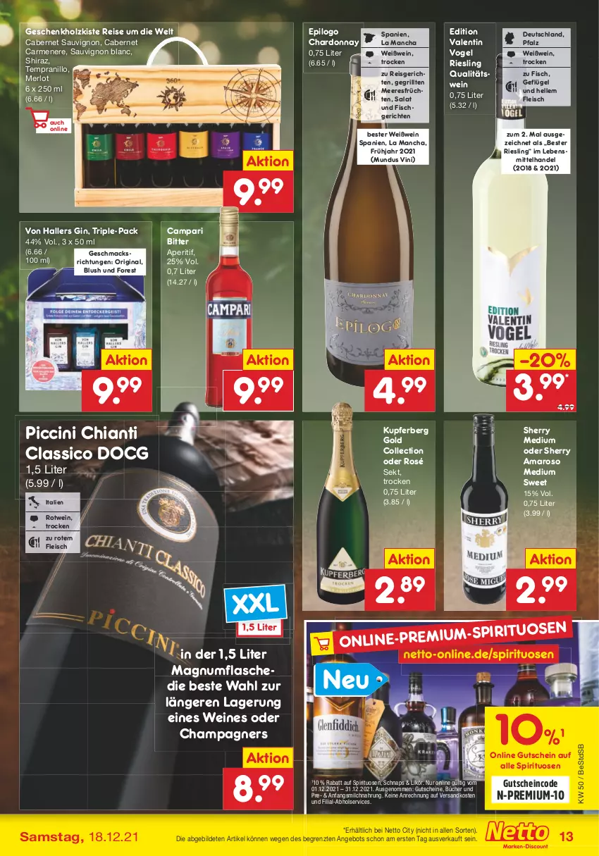 Aktueller Prospekt Netto Marken-Discount - Filial Angebote - von 13.12 bis 18.12.2021 - strona 13 - produkty: amaro, angebot, aperitif, cabernet, cabernet sauvignon, campari, champagne, champagner, chardonnay, chia, chianti, cin, classico, eis, elle, fisch, flasche, fleisch, früchte, früchten, Geflügel, gin, grill, gutschein, gutscheine, Holz, lebensmittel, likör, mac, magnum, meeresfrüchte, merl, merlot, milch, ndk, qualitätswein, reis, riesling, rotwein, salat, sauvignon, sauvignon blanc, sekt, spirituosen, tempranillo, Ti, wein, weine, Weißwein, ZTE