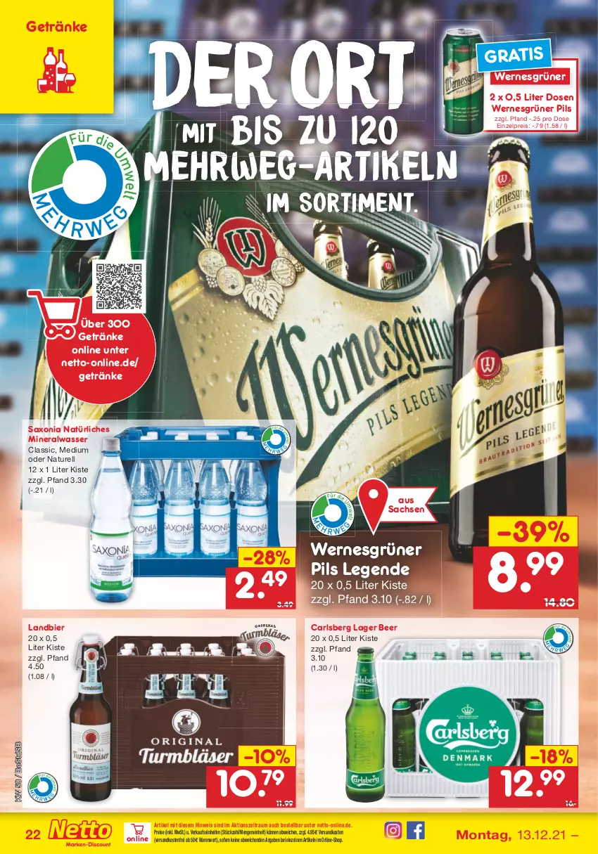 Aktueller Prospekt Netto Marken-Discount - Filial Angebote - von 13.12 bis 18.12.2021 - strona 22 - produkty: Alwa, bier, carlsberg, eis, getränk, getränke, mineralwasser, Mineralwasser Classic, natur, natürliches mineralwasser, ndk, pils, reis, rel, rwe, sac, Ti, versandkostenfrei, wasser