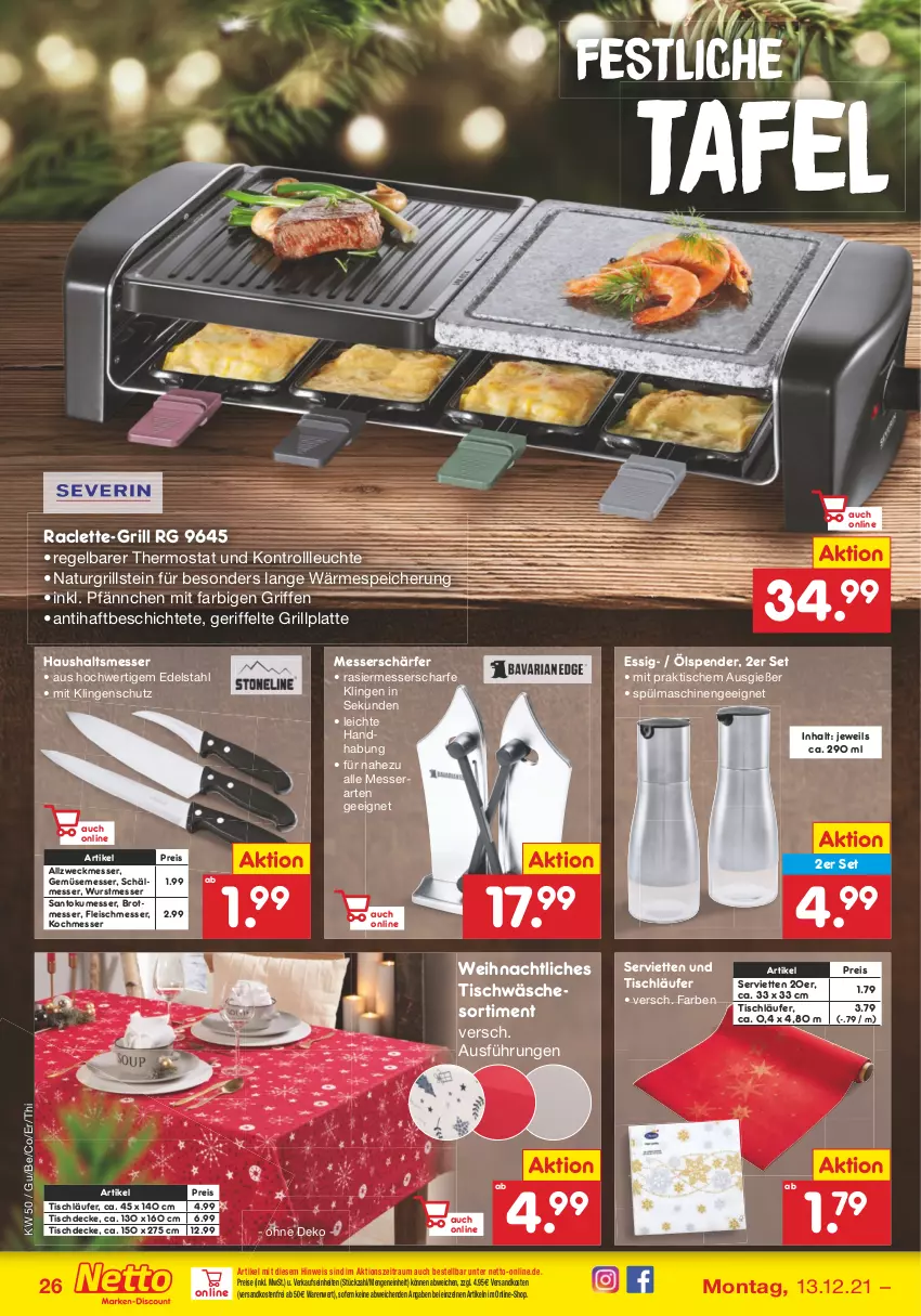 Aktueller Prospekt Netto Marken-Discount - Filial Angebote - von 13.12 bis 18.12.2021 - strona 26 - produkty: brot, decke, edelstahl, eis, essig, fleisch, grill, grillplatte, latte, Läufer, Leuchte, messer, natur, ndk, reis, Serviette, servietten, spülmaschinen, thermostat, Ti, tisch, tischdecke, tischläufer, Tischwäsche, versandkostenfrei, weck, wurst