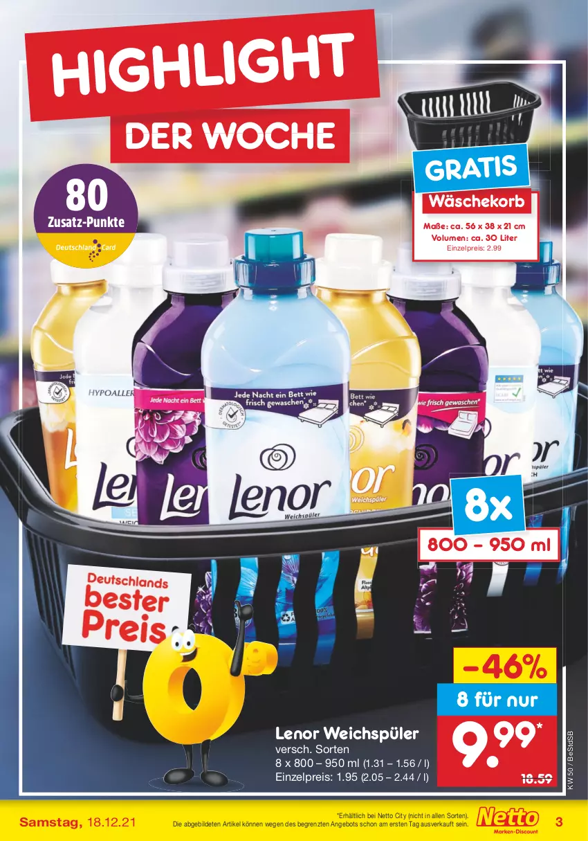 Aktueller Prospekt Netto Marken-Discount - Filial Angebote - von 13.12 bis 18.12.2021 - strona 3 - produkty: angebot, eis, korb, lenor, lenor weichspüler, reis, Ti, wäschekorb, weichspüler, ZTE