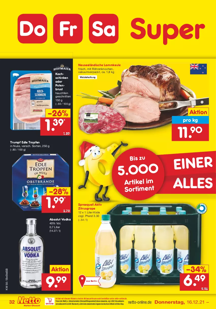 Aktueller Prospekt Netto Marken-Discount - Filial Angebote - von 13.12 bis 18.12.2021 - strona 32 - produkty: Absolut Vodka, eis, kochschinken, lamm, lammkeule, ndk, nuss, pute, putenbrust, reis, rum, schinken, schnitten, Spreequell, Ti, versandkostenfrei, vodka