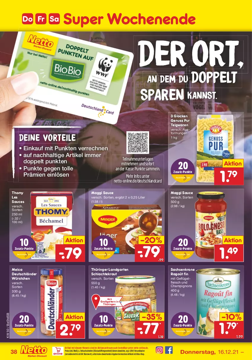 Aktueller Prospekt Netto Marken-Discount - Filial Angebote - von 13.12 bis 18.12.2021 - strona 38 - produkty: champignon, champignons, deutschlandcard, eis, fleisch, Garten, Geflügel, Kraut, krone, maggi, meica, ndk, nuss, reis, ring, sac, sauce, teigwaren, thomy, thomy les sauces, Ti, versandkostenfrei, würstchen