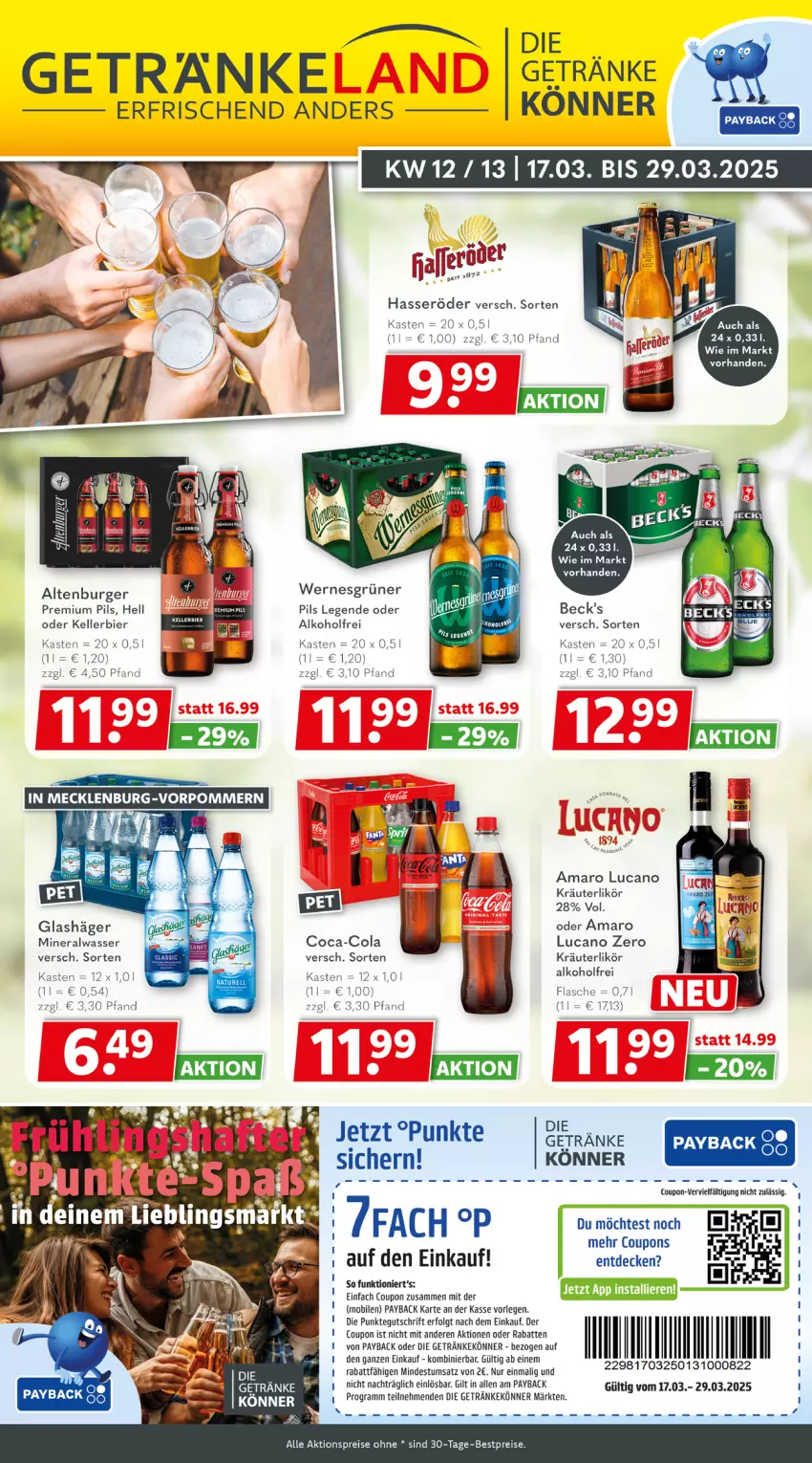 Aktueller Prospekt Getraenkeland - von 17.03 bis 29.03.2025 - strona 1 - produkty: aeg, aktionspreis, alkohol, altenburger, Alwa, amaro, beck's, bestpreis, bestpreise, bier, burger, coca-cola, cola, coupon, coupons, decke, eis, elle, ente, flasche, getränk, getränke, hasseröder, kellerbier, kräuter, kräuterlikör, LG, likör, mineralwasser, payback, pils, premium pils, reis, Ti, wasser