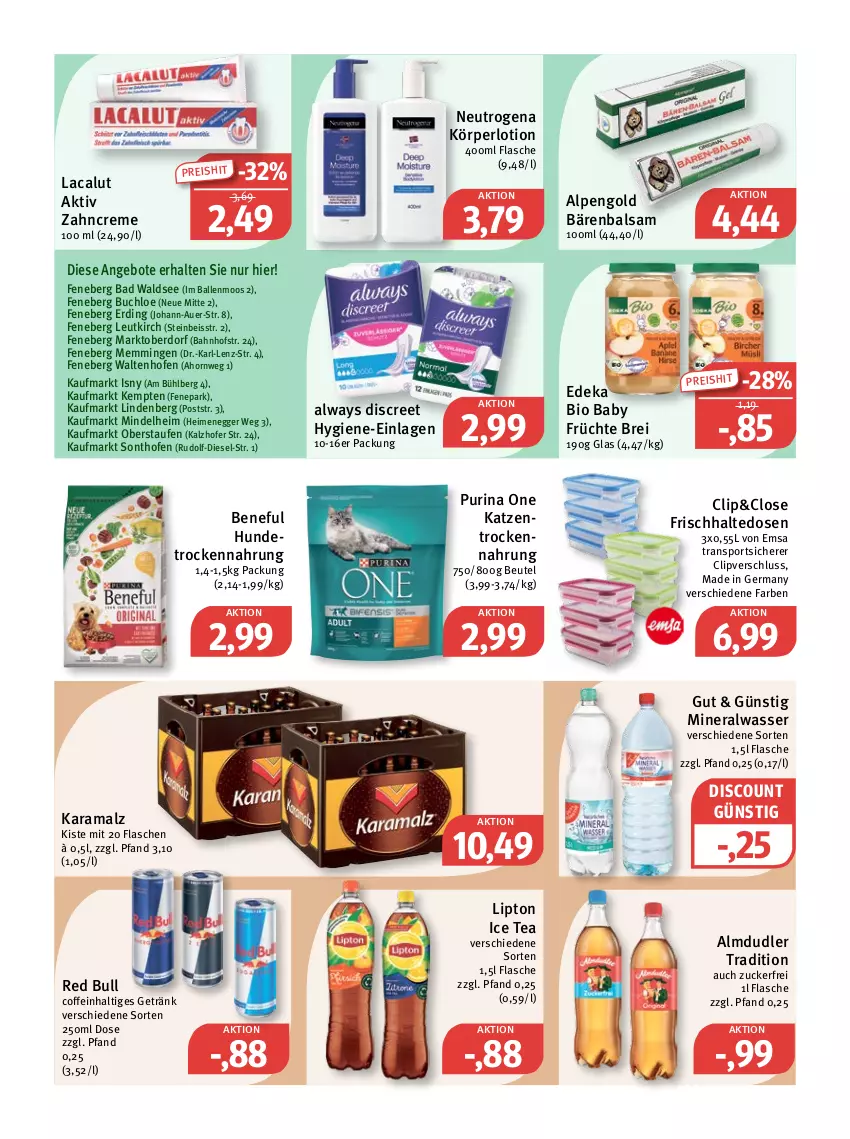 Aktueller Prospekt Feneberg - Prospekte - von 15.09 bis 17.09.2022 - strona 11 - produkty: almdudler, Alwa, Always, angebot, angebote, auer, Bad, ball, balsam, beutel, bio, Brei, buch, chloe, coffein, creme, deka, Diesel, discount, Discreet, edeka bio, Egger, eis, emmi, emsa, flasche, frischhaltedosen, früchte, Germ, getränk, Hundetrockennahrung, ice tea, karamalz, Körperlotion, Lacalut, lipton, lipton ice tea, Lotion, malz, mineralwasser, neutrogena, Ofen, purina, rama, red bull, reis, Sport, Ti, Trockennahrung, wasser, zahncreme, zucker