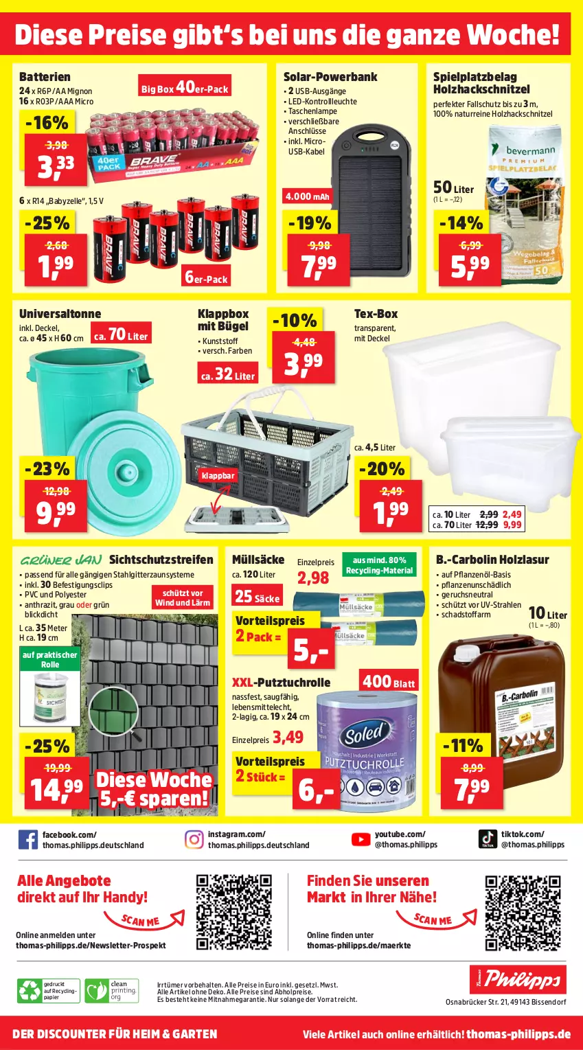 Aktueller Prospekt Thomas Philipps - von 22.07 bis 27.07.2024 - strona 8 - produkty: abholpreise, alle preise sind abholpreise, angebot, angebote, Bank, batterie, batterien, bügel, Clin, decke, Deckel, discount, eis, elle, Garten, Handy, Holz, holzlasur, Klappbox, Lampe, lebensmittel, Leuchte, LG, natur, papier, passend für alle, pflanze, pflanzen, Pflanzenöl, powerbank, reifen, reis, Ria, schnitzel, Tasche, taschen, taschenlampe, Ti, tisch, tuc, usb, vorteilspreis, Yo