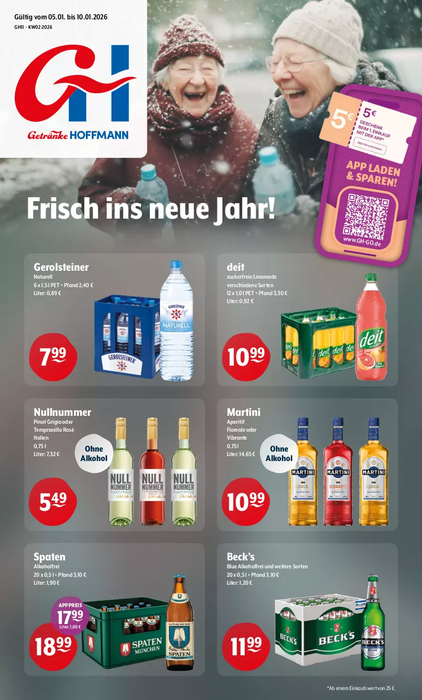 Aktueller Prospekt Getraenke Hoffmann - Prospekte - von 05.01 bis 10.01.2026 - strona 1 - produkty: alkohol, aperitif, deit, eis, gerolsteine, gerolsteiner, limo, limonade, loreal, martini, natur, ohne alkohol, Pinot, pinot grigio, reis, rel, Spaten, steiner, tempranillo, Ti, zucker