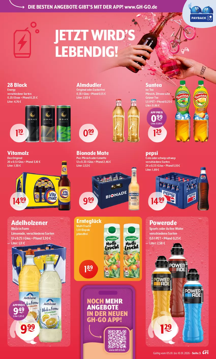 Aktueller Prospekt Getraenke Hoffmann - Prospekte - von 05.01 bis 10.01.2026 - strona 3 - produkty: adelholzener, almdudler, angebot, angebote, bio, bionade, cola, eis, frucht, gin, grüner tee, Holz, ice tea, lack, limette, limo, limonade, malz, Mett, pepsi, Pepsi Cola, pfirsich, reis, Schwip Schwap, Sport, tee, Ti, vita, vitamalz, zitrone, zucker