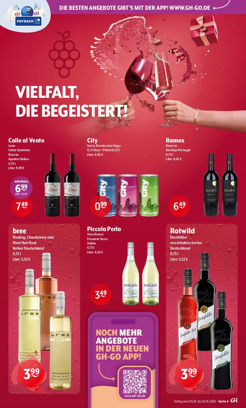 Aktueller Prospekt Getraenke Hoffmann - Prospekte - von 05.01 bis 10.01.2026 - strona 4 - produkty: angebot, angebote, bree, chardonnay, cola, dornfelder, ecco, eis, ente, frizzante, hugo, perla, Pinot, pinot noir, reis, riesling, riserva, rosato, Ti, Wild