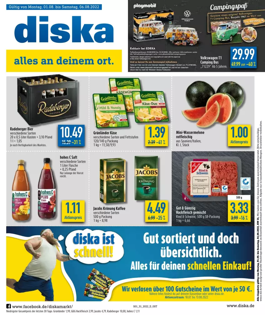 Aktueller Prospekt Diska - Prospekte - von 01.08 bis 06.08.2022 - strona 1 - produkty: angebot, angebote, Berger, bier, eis, elle, flasche, fleisch, grünländer, gutschein, gutscheine, hackfleisch, hackfleisch gemischt, Heu, jacobs, jacobs krönung, kaffee, Käse, melone, radeberger, reis, rind, saft, schwein, Ti, wasser, wassermelone, wein, ZTE