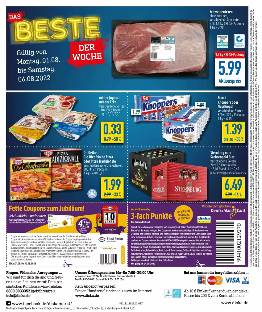 Aktueller Prospekt Diska - Prospekte - von 01.08 bis 06.08.2022 - strona 12 - produkty: aktionspreis, angebot, angebote, Astra, bier, buch, coupon, coupons, deka, deutschland card, deutschlandcard, die ofenfrische, Diesel, eis, elle, ente, erde, gutschein, Kette, kraft, LG, mam, milch, Müller, nuss, nussriegel, Ofen, pizza, Rauch, reis, rel, riegel, ring, sac, schwein, schweine, schweinerücken, Sternburg, storck, Sushi, tee, telefon, Ti, uhr, wein, weine, ZTE