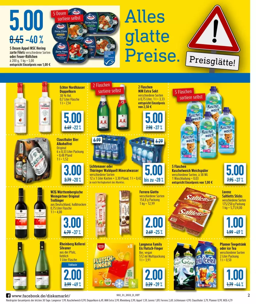 Aktueller Prospekt Diska - Prospekte - von 01.08 bis 06.08.2022 - strona 2 - produkty: alkohol, Alwa, auer, aust, bier, clausthaler, doppelkorn, eis, elle, ferrero, filet, filets, flasche, getränk, gin, giotto, hering, ice tea, korn, Kuschelweich, langnese, lichtenauer, lorenz, mineralwasser, mm extra, pfanne, Pfanner, reis, ring, saltletts, sekt, silvaner, tee, Ti, trolli, trollinger, wasser, weichspüler, wein, ZTE