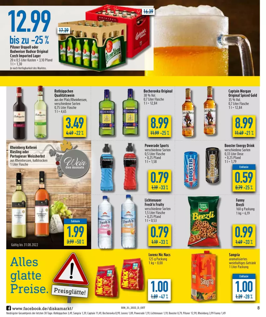 Aktueller Prospekt Diska - Prospekte - von 01.08 bis 06.08.2022 - strona 8 - produkty: auer, Becher, Becherovka, budweiser, Cap, captain morgan, drink, eis, elle, energy drink, flasche, getränk, gin, hero, lichtenauer, lorenz, original spiced gold, pils, pilsner, pilsner urquell, qualitätswein, reis, Ria, riesling, rotkäppchen, sangria, Sport, Ti, wein, ZTE