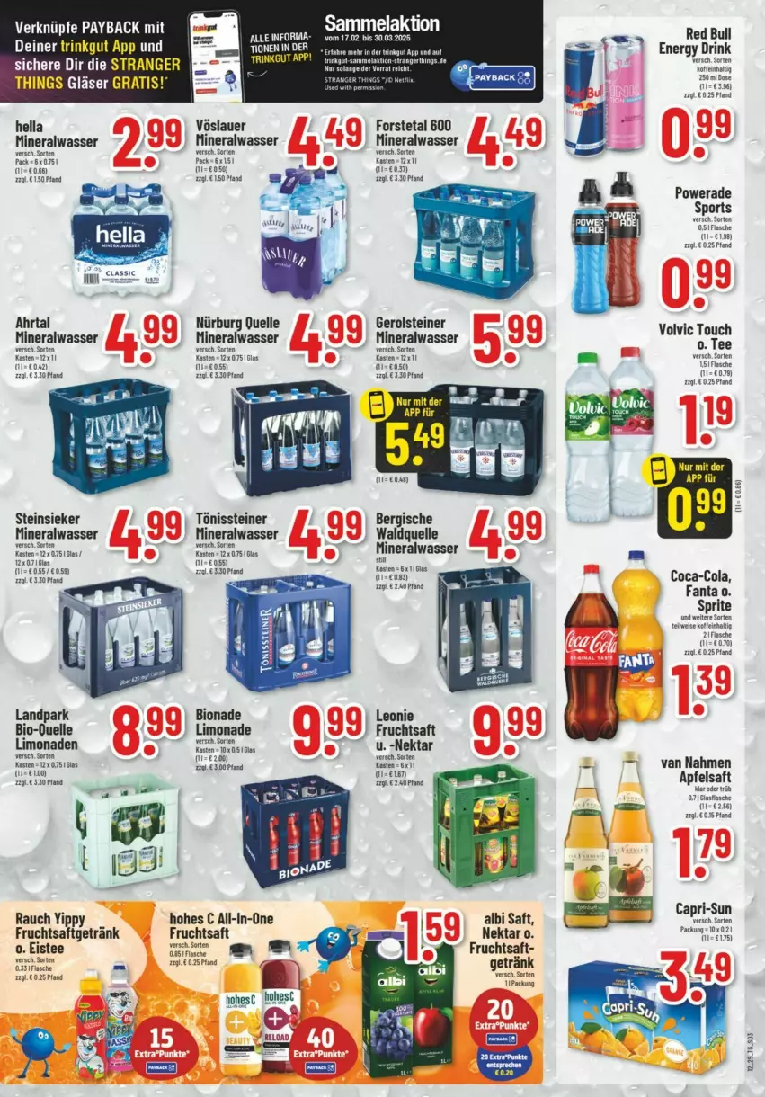 Aktueller Prospekt Trinkgut - Prospekte - von 16.03 bis 22.03.2025 - strona 3 - produkty: Alwa, auer, bio, bionade, Cap, capri-sun, coca-cola, cola, drink, eis, eistee, elle, energy drink, fanta, flasche, Forstetal, frucht, fruchtsaft, fruchtsaftgetränk, gerolsteine, gerolsteiner, getränk, Gläser, hella, limo, limonade, limonaden, mineralwasser, Nektar, payback, Rauch, red bull, saft, Sport, sprite, steiner, Steinsieker, tee, Ti, volvic, vöslauer, Waldquelle, wasser