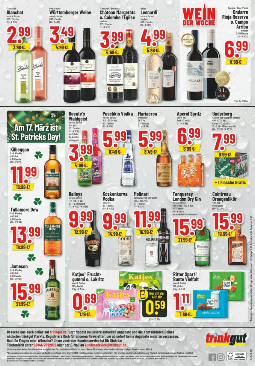 Aktueller Prospekt Trinkgut - Prospekte - von 16.03 bis 22.03.2025 - strona 6 - produkty: alkohol, angebot, angebote, aperol, arla, baileys, Berger, Brei, dry gin, eis, elle, ente, erde, fisch, fische, flasche, frucht, gin, irish whiskey, katjes, Lakritz, LG, likör, london dry, london dry gin, mariacron, Molinari, orange, orangen, puschkin vodka, reis, Ria, rioja, ritter, ritter sport, Sport, telefon, Ti, tullamore, tullamore dew, underberg, vodka, wein, weine, whiskey