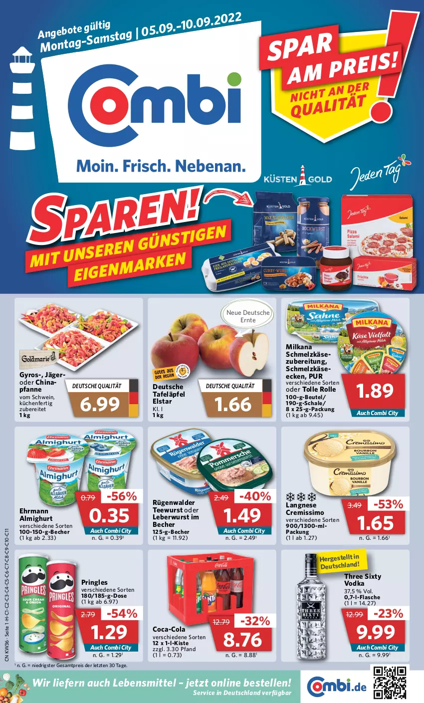 Aktueller Prospekt Combi - Prospekte - von 05.09 bis 10.09.2022 - strona 1 - produkty: almighur, almighurt, Becher, beutel, coca-cola, cola, cremissimo, ehrmann, ehrmann almighurt, eis, elle, flasche, gyros, Käse, küche, Küchen, langnese, langnese cremissimo, lebensmittel, leberwurst, milka, milkana, pfanne, pringles, reis, ring, rügenwalder, Schal, Schale, Schmelzkäse, schwein, sim, tafeläpfel, tee, teewurst, Three Sixty, Ti, vodka, wein, wurst, ZTE