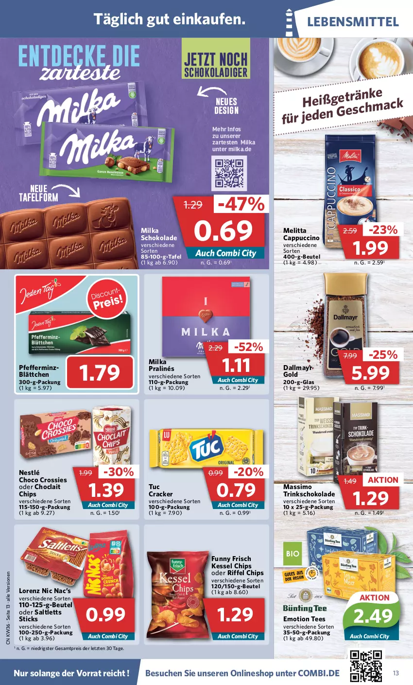 Aktueller Prospekt Combi - Prospekte - von 05.09 bis 10.09.2022 - strona 13 - produkty: beutel, Cap, cappuccino, chips, choclait chips, choco crossies, cin, cracker, crossies, dallmayr, dallmayr gold, decke, eis, Funny Frisch, lebensmittel, lorenz, mac, melitta, milka, milka schokolade, nestlé, pfeffer, reis, saltletts, schoko, schokolade, sim, tee, Ti, tuc, ZTE