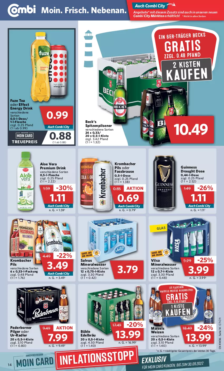 Aktueller Prospekt Combi - Prospekte - von 05.09 bis 10.09.2022 - strona 14 - produkty: alkohol, aloe vera, Alwa, angebot, angebote, becks, brause, drink, Effect, eis, energy drink, fassbrause, flasche, fuze tea, Guinness, krombache, krombacher, krombacher pils, LG, mais, mineralwasser, pils, pilsener, radler, reis, Ti, vilsa, wasser, ZTE